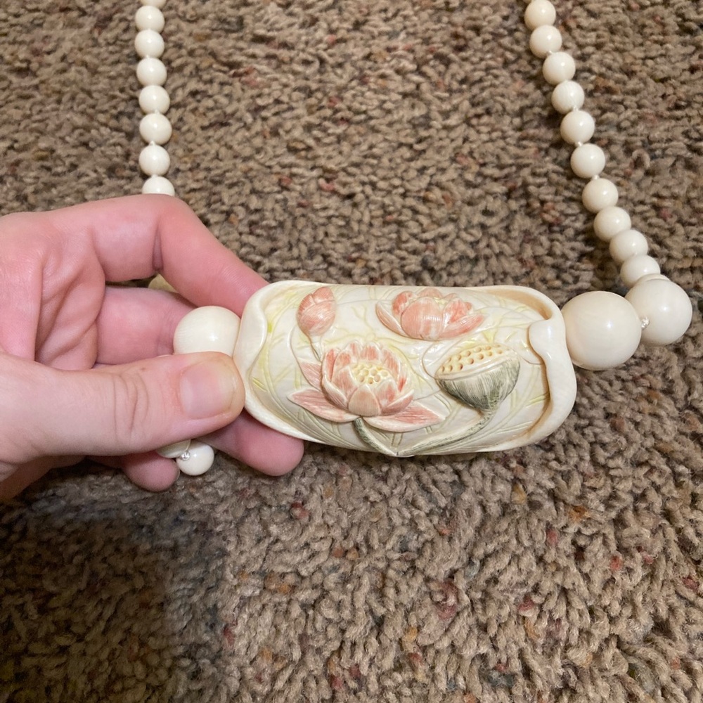 Floral Beaded Necklace with Carved ivory Pendant